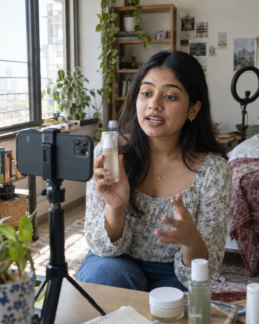 A UGC creator filming a skincare video on her phone at home