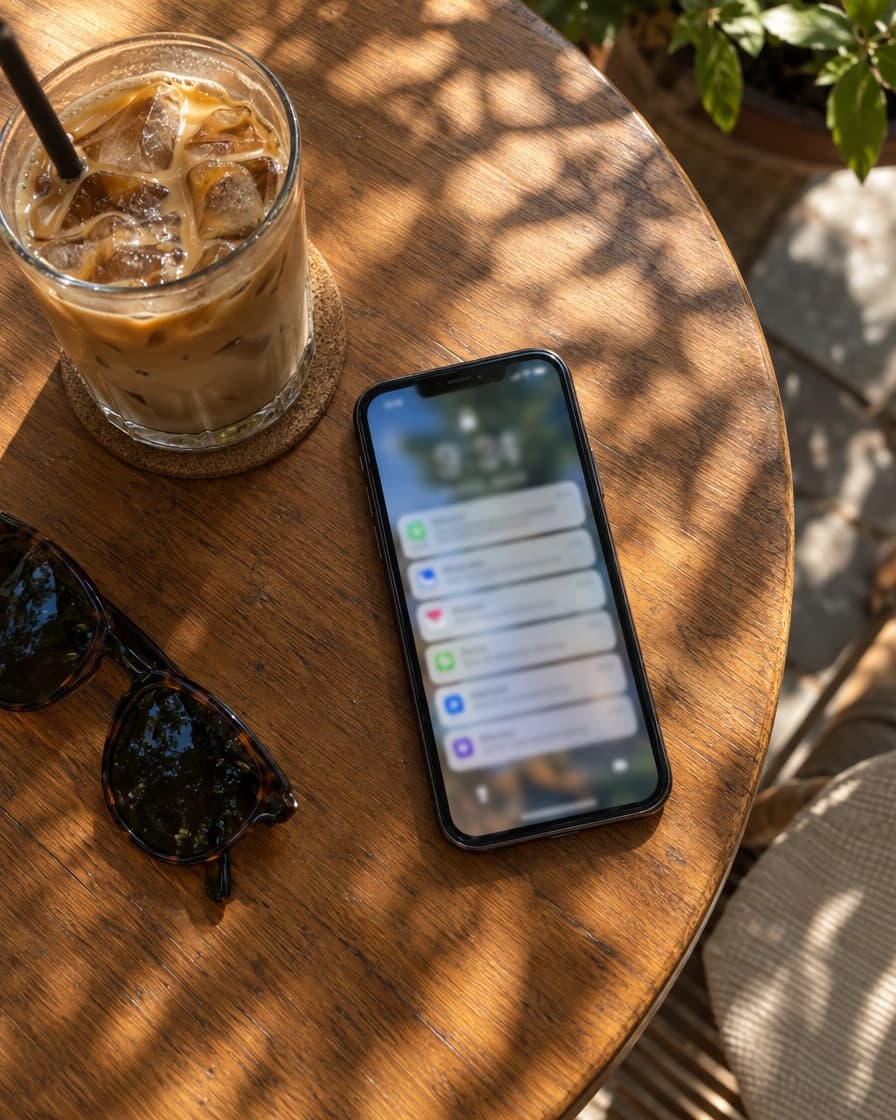 A phone full of notifications on a cafe table
