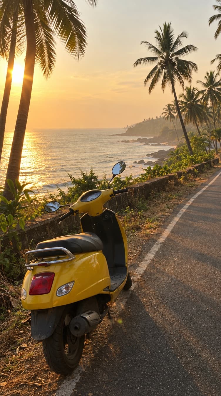 Wanderbuddy's Instagram story: a yellow scooter on a coastal road in Goa at sunset